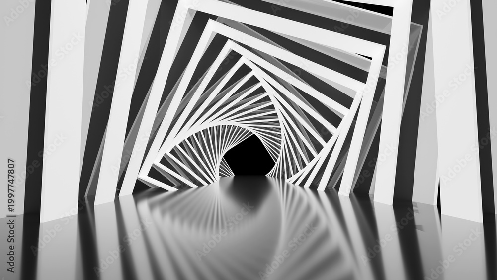 Obraz premium Abstract 3D render of a futuristic tunnel with rotating black and white square frames creating a spiral geometric pattern