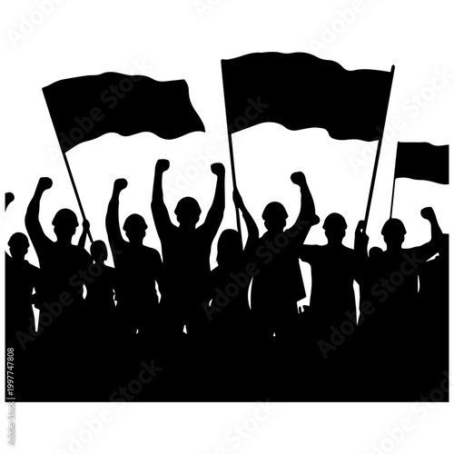 Silhouetted crowd celebrating May Day with flags and raised fists