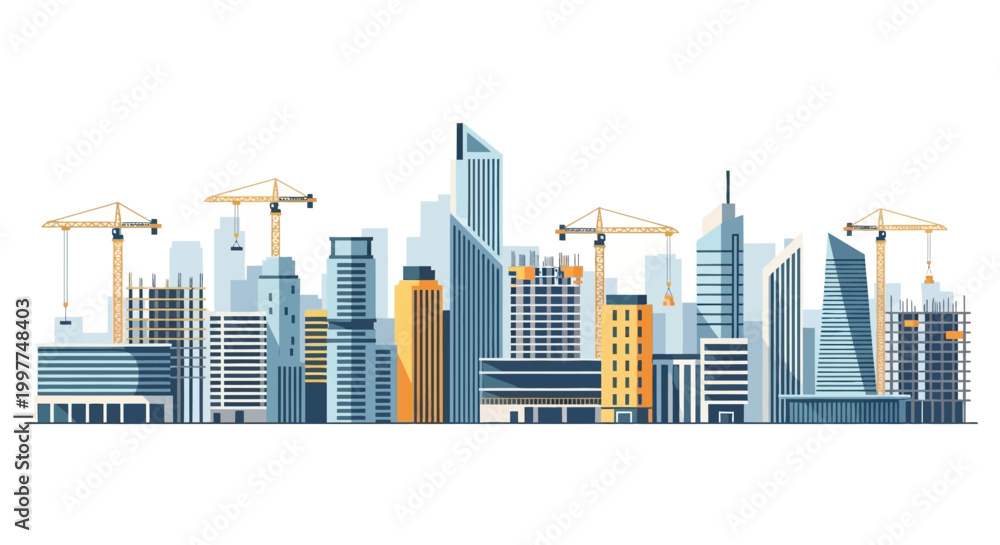 Fototapeta premium Modern City Skyline Construction Site Illustration with Skyscrapers and Cranes, Flat Vector Urban Development Concept on White Background