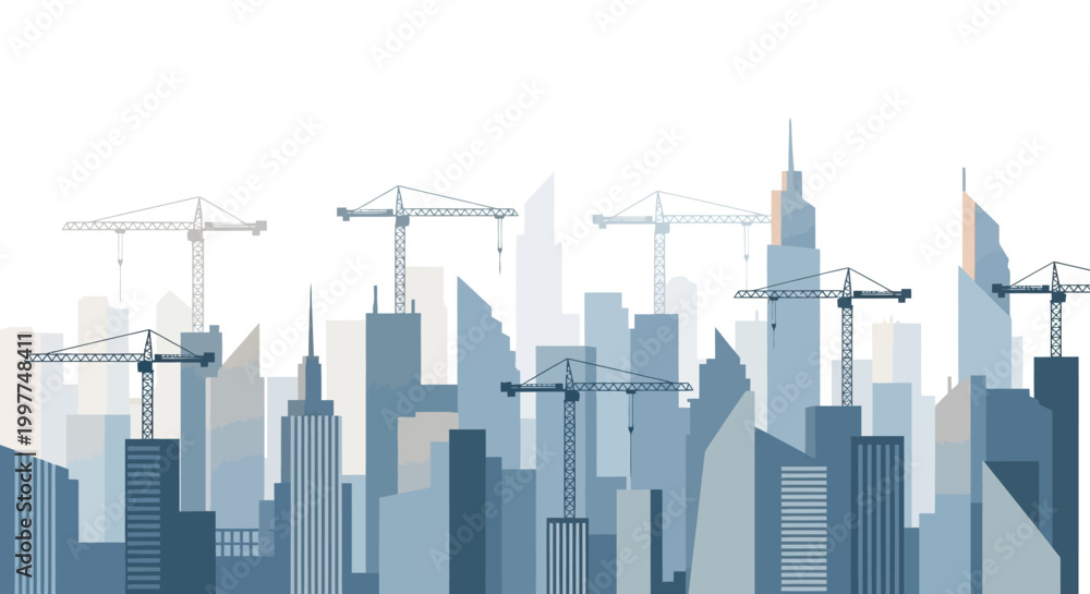 Obraz premium City Skyline Construction Cranes Illustration: Modern Urban Development, Real Estate Growth, and Industrial Engineering Flat Design Vector