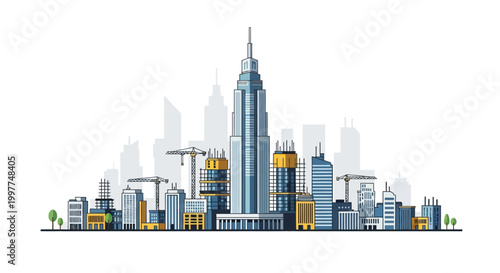 Modern City Skyline Vector Illustration with Skyscrapers and Construction Cranes. Flat Urban Landscape for Architecture and Real Estate Development.