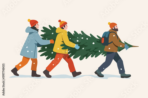 People walking with a christmas tree in their hands and hurrying to decorate it at home or office. Christmas theme banner, flyer or landing page with happy men and woman looking forward for a holiday.