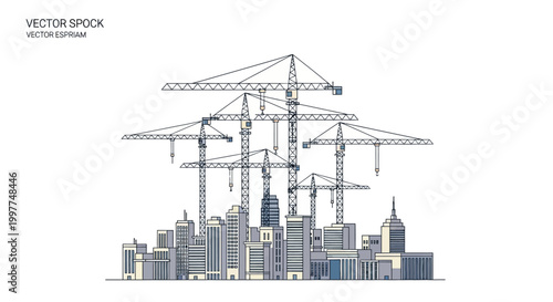 Urban City Skyline Under Construction with Tower Cranes, Vector Line Art Illustration of Modern Real Estate Development and Growth Concept