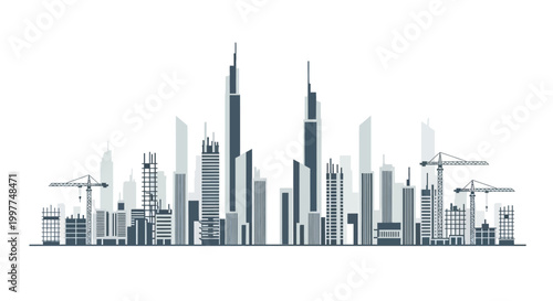 Minimalist Urban Development Concept: City Skyline Under Construction with Modern Skyscrapers and Tower Cranes