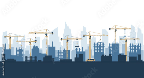 Urban City Construction Site with Tower Cranes and Building Silhouettes Illustration for Architecture and Real Estate Development
