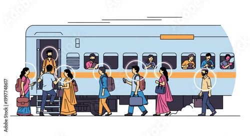 Illustration of people boarding and exiting a light blue train with orange accents on a white background.