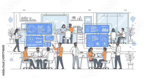 Illustration of a diverse group of people working collaboratively in a modern office with blue screens and laptops, conveying a professional and productive atmosphere.