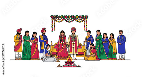 Illustration of an Indian wedding ceremony with a bride and groom surrounded by family and friends in traditional attire against a decorative background.