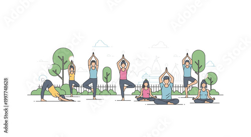 Illustration of diverse people practicing various yoga poses in a serene outdoor park setting with trees and a fence.