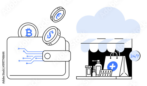 Cryptocurrency transactions, digital banking, e-commerce, online medicine, fintech, healthcare. Digital wallet with coins and an online pharmacy store under a cloud icon. Cryptocurrency transactions