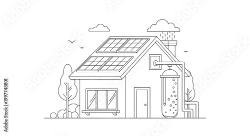 Eco-Friendly Sustainable House Line Art with Solar Panels and Water Harvesting System