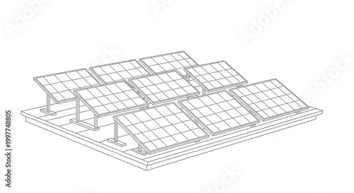 Isometric Solar Panel Array Line Art Drawing for Renewable Green Energy Concepts