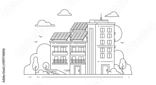 Modern Eco-Friendly Apartment Building Line Art Illustration with Solar Panels, Sustainable Architecture and Urban Green Living Concept Vector Design
