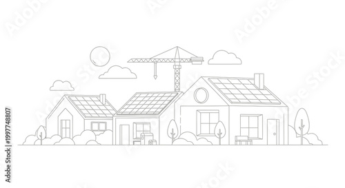 Sustainable Green Housing Construction with Solar Panels and Crane Minimalist Line Art Illustration