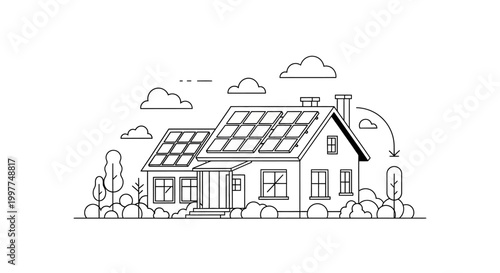 Minimalist Line Art Illustration of a Sustainable Eco-Friendly House with Solar Panels on Roof, Green Energy Concept
