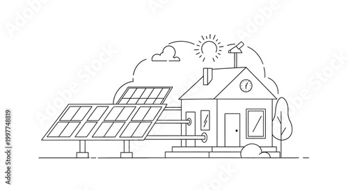 Solar Energy House Concept Line Art: Renewable Power System and Eco-Friendly Residential Home Minimalist Outline Illustration
