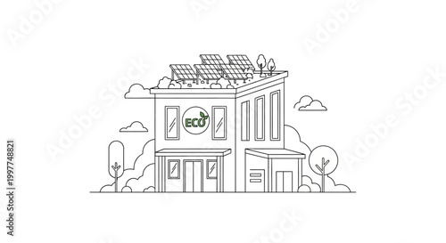 Sustainable House Line Art Illustration with Rooftop Solar Panels and Eco Logo - Minimalist Green Architecture Concept
