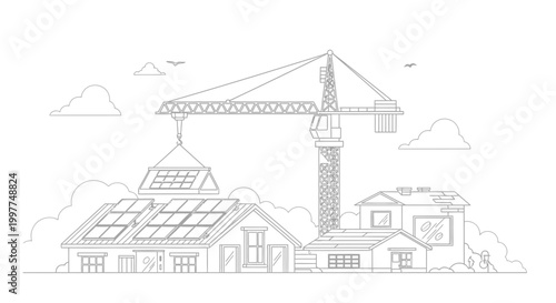 Construction Crane Installing Solar Panels on Sustainable House Line Art Illustration