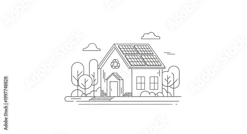 Minimalist Line Art Vector of an Eco-Friendly Sustainable House with Solar Panels and Recycling Symbol