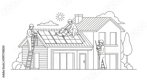 Professional Technicians Installing Solar Panels on Residential House Roof Line Art, Sustainable Energy and Home Improvement Illustration