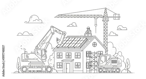 House Construction Site with Solar Panels and Heavy Machinery Line Art Illustration