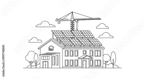 Eco-Friendly Sustainable Building Construction with Solar Panels and Crane Line Art Illustration, Green Energy Architecture Concept