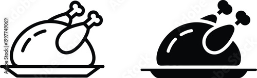 Roasted turkey on platter icon set featuring outline and solid fill styles for holiday food designs.