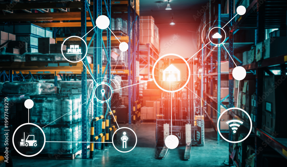 Fototapeta premium Smart warehouse management system with innovative internet of things technology to identify package picking and delivery . Future concept of supply chain and logistic network business .
