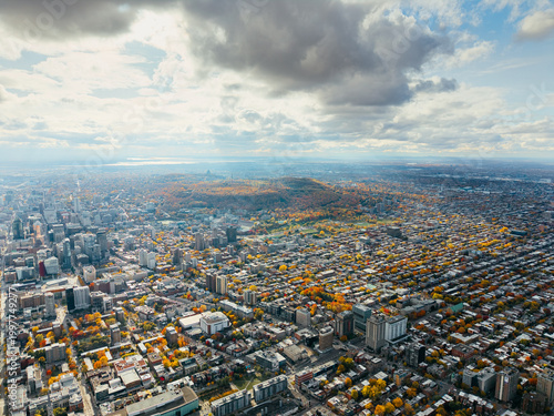 Cuadro en lienzo Aerial view of Montreal with bridges over St Lawrence River, autumn colors, Old Port and marina skyline