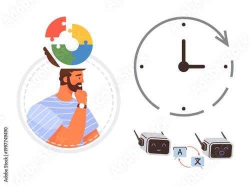 Problem-solving, cognitive thinking, time management, translation technology, innovation, multilingual communication. A man with a puzzle brain, a clock and AI translation bots. Problem-solving