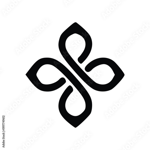 A stylized black Celtic knot symbol resembling a four-leaf clover or a flower.