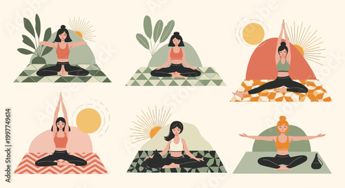 A mid century vector illustration of women practicing yoga poses outdoors in nature