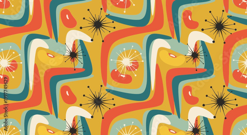 Vibrant mid-century vector swans dance in a whimsical abstract pattern on a yellow background with swirling shapes.