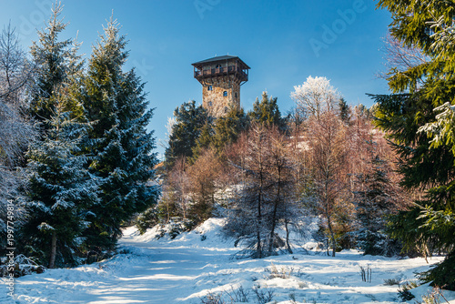 Winter landscape with Wysoki Kamien mountain shelter and observation tower in Karkonosze Mountains, Szklarska Poreba, Lower Silesia, Poland