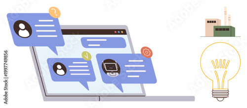 Digital communication, AI chatbots, remote work, customer service, virtual assistance, innovation. Laptop with message bubbles and AI elements. Digital communication and AI chatbots concept