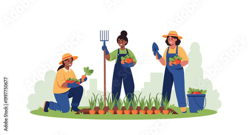 Diverse group of women gardening and harvesting fresh vegetables in a community garden. EPS Editable. Vector Illustrations.