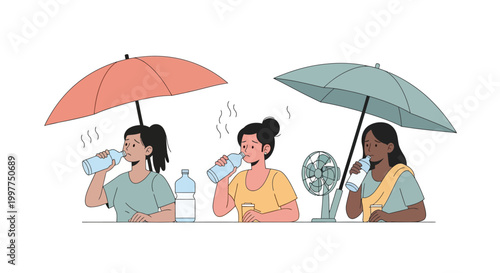 Diverse group of women staying hydrated and cool during extreme summer heat. EPS Editable. Vector Illustrations.