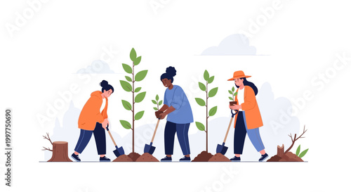 Diverse group of women planting young trees together in nature. EPS Editable. Vector Illustrations.