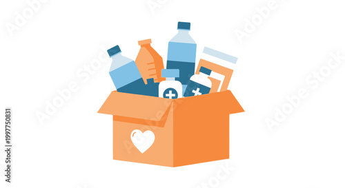 Donation box filled with various plastic bottles and containers. EPS Editable. Vector Illustrations.
