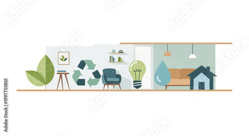 Eco friendly home lifestyle concept with sustainable icons and furniture. EPS Editable. Vector Illustrations.