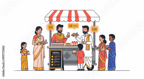 Illustration of a diverse group of people gathered around a food cart under a striped awning on a white background.