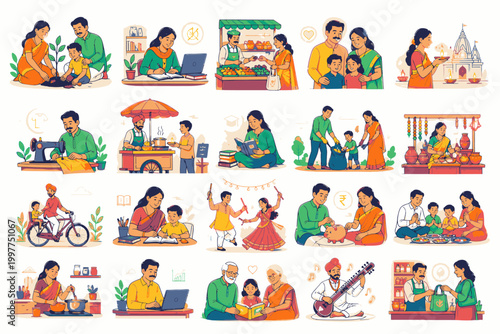 Flat lay illustration of diverse people engaging in various daily activities with vibrant, colorful graphics on a white background.