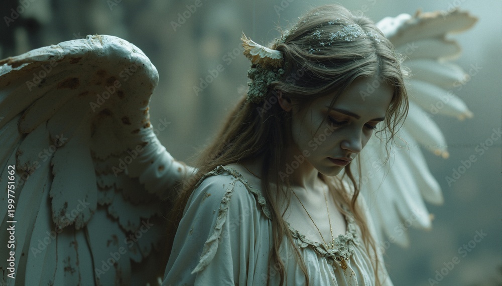 Fototapeta premium Fallen Angel with Weathered Wings in Tattered White Gown
