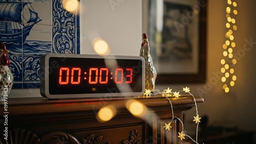 Digital Clock Countdown with Blurry Fairy Lights and Decorative Background.