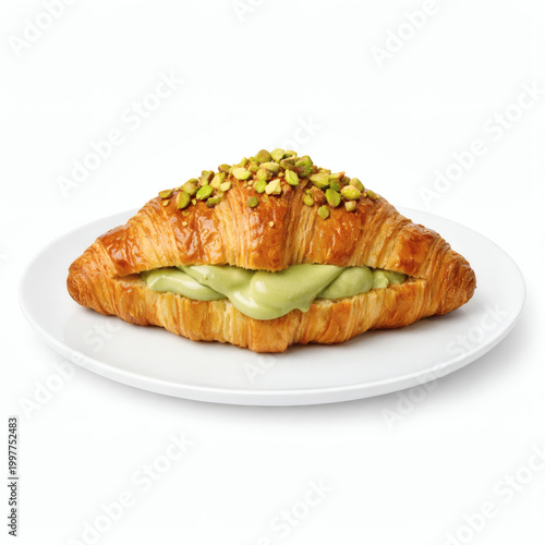 Pistachio Croissant on White Background for Bakery Display