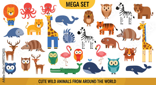 Mega Set of Cute Wild Animals Flat Vector Illustrations for Kids and Educational Design