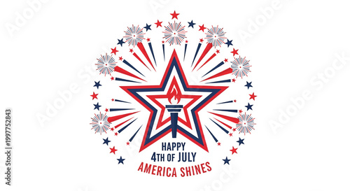 Patriotic starburst emblem, 4th of July celebration badge, American independence day icon, red white blue fireworks