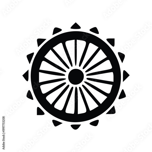 A black and white illustration of a Dharma wheel, a symbol of Buddhism.