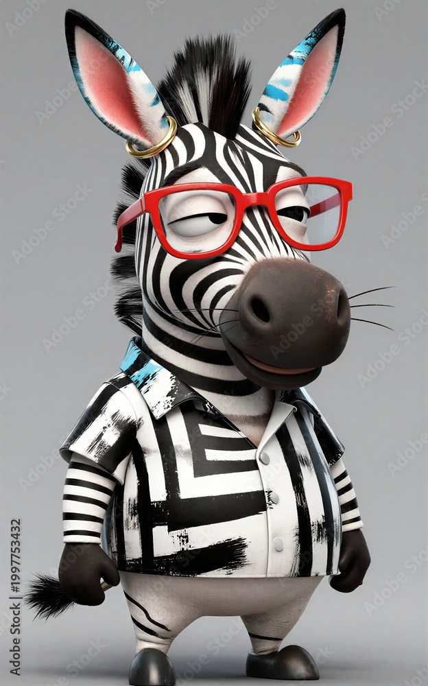 Fototapeta premium A stylish zebra in red glasses and a striped jacket accessorized with