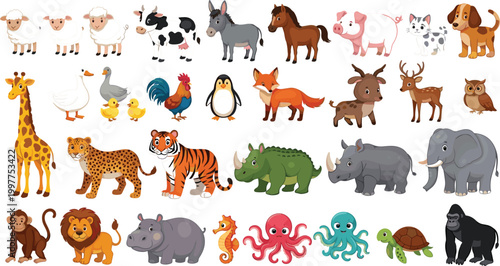 Large set of cute farm wild and sea animals collection including mammals birds reptiles and marine creatures vector illustration